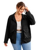 Liela izmēra rudens gadījuma jaka ar garām piedurknēm sievietēm, melna rāvējslēdzēja aizdares divas kabatas, komunālie apģērbi Sieviešu liela izmēra apģērbi 7XL 8XL