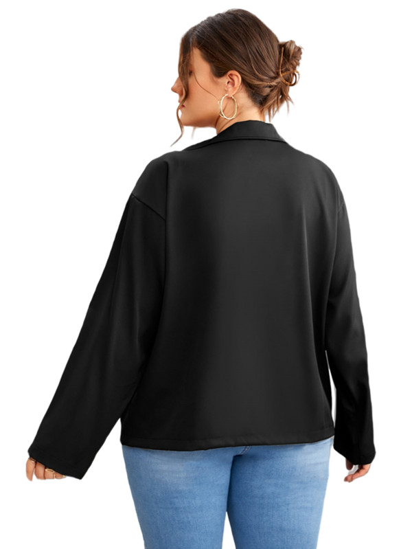 Liela izmēra rudens gadījuma jaka ar garām piedurknēm sievietēm, melna rāvējslēdzēja aizdares divas kabatas, komunālie apģērbi Sieviešu liela izmēra apģērbi 7XL 8XL