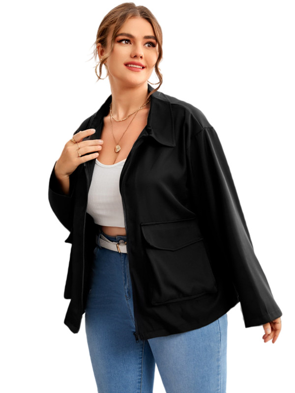 Liela izmēra rudens gadījuma jaka ar garām piedurknēm sievietēm, melna rāvējslēdzēja aizdares divas kabatas, komunālie apģērbi Sieviešu liela izmēra apģērbi 7XL 8XL