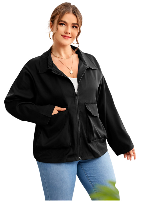 Liela izmēra rudens gadījuma jaka ar garām piedurknēm sievietēm, melna rāvējslēdzēja aizdares divas kabatas, komunālie apģērbi Sieviešu liela izmēra apģērbi 7XL 8XL