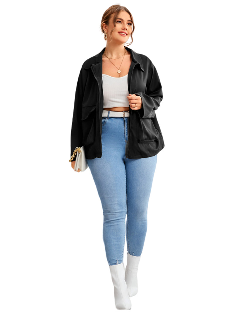 Liela izmēra rudens gadījuma jaka ar garām piedurknēm sievietēm, melna rāvējslēdzēja aizdares divas kabatas, komunālie apģērbi Sieviešu liela izmēra apģērbi 7XL 8XL