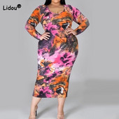 Eleganta kaklasaites krāsu apdruka liela izmēra apģērbi pavasara rudens kleitas ar garām piedurknēm, sieviešu dzimuma seksīga V veida kakla soma.