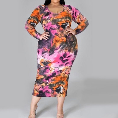 Eleganta kaklasaites krāsu apdruka liela izmēra apģērbi pavasara rudens kleitas ar garām piedurknēm, sieviešu dzimuma seksīga V veida kakla soma.