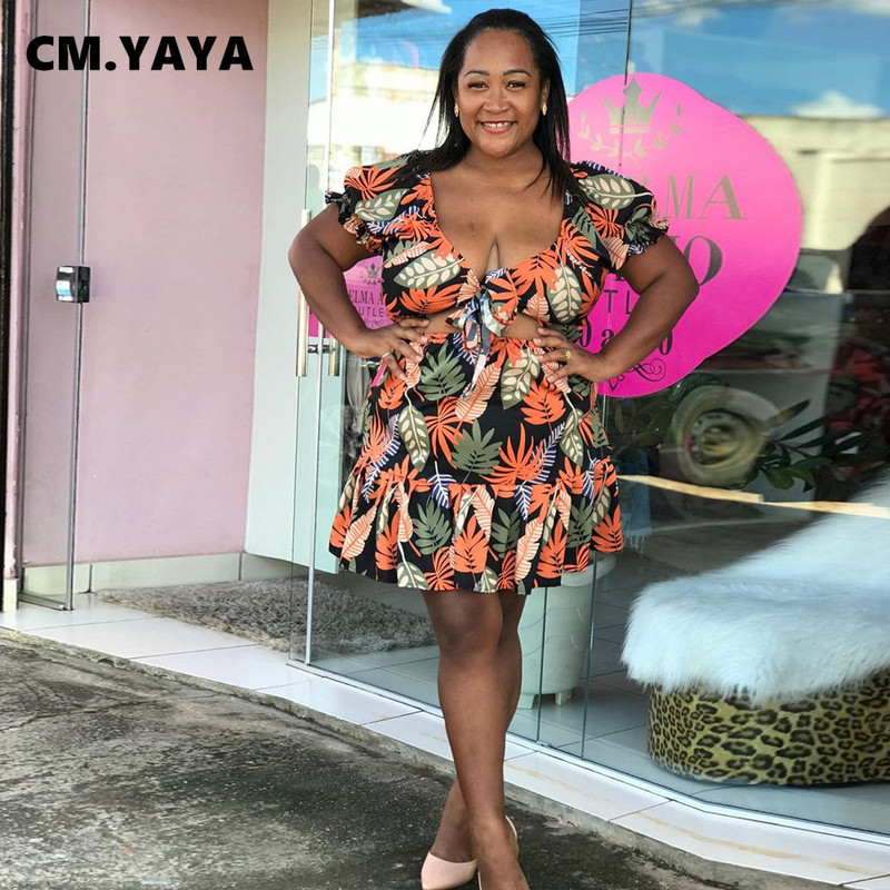 CM.YAYA Liela izmēra sieviešu volāni Apmales A-līnijas mini svārku komplekts un sasienamas blūzes ar V veida kakla izgriezumu Topi, kas atbilst diviem 2 daļīgu komplektu komplektiem