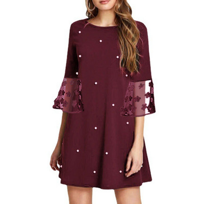 Modes Solid Patchwork Wave Point A-līnijas svārki Pavasara vasara Eleganti O-veida kakla tīkla dzija ar trīs ceturtdaļām piedurknēm brīva liela izmēra kleita