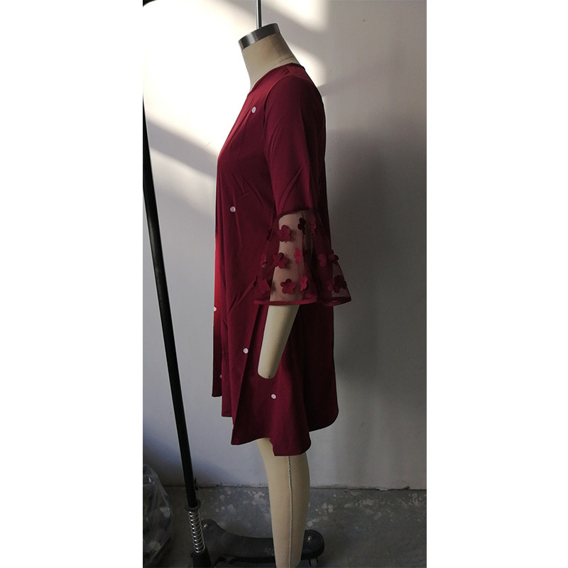 Modes Solid Patchwork Wave Point A-līnijas svārki Pavasara vasara Eleganti O-veida kakla tīkla dzija ar trīs ceturtdaļām piedurknēm brīva liela izmēra kleita