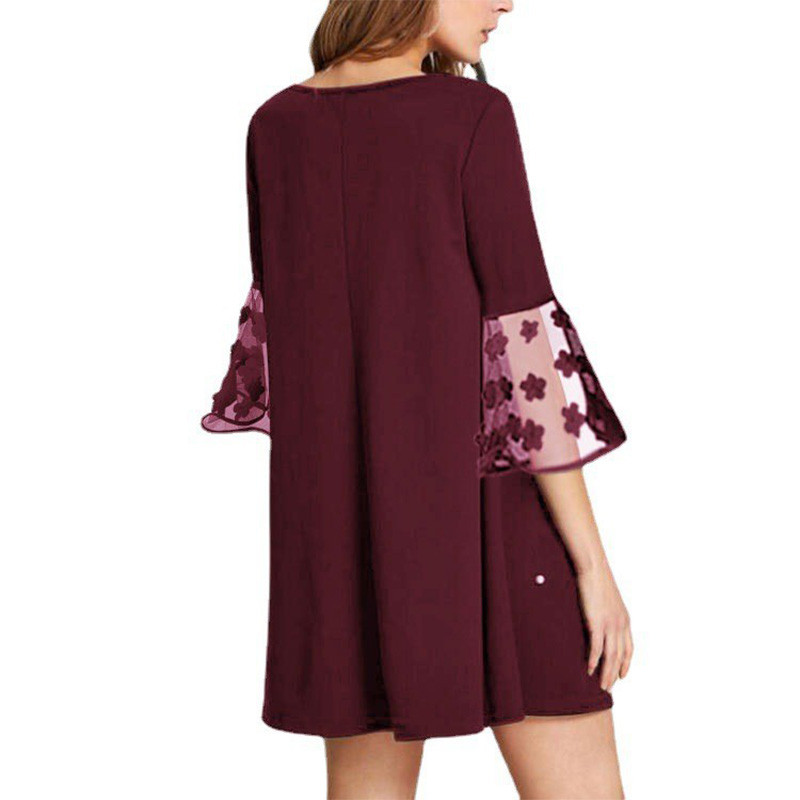 Modes Solid Patchwork Wave Point A-līnijas svārki Pavasara vasara Eleganti O-veida kakla tīkla dzija ar trīs ceturtdaļām piedurknēm brīva liela izmēra kleita