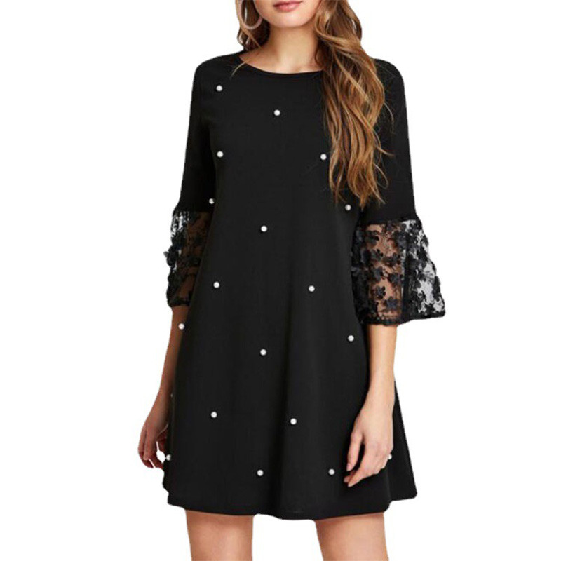 Modes Solid Patchwork Wave Point A-līnijas svārki Pavasara vasara Eleganti O-veida kakla tīkla dzija ar trīs ceturtdaļām piedurknēm brīva liela izmēra kleita