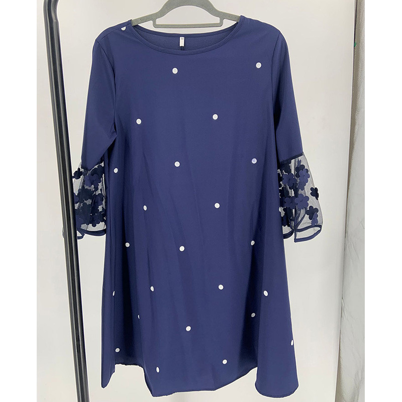 Modes Solid Patchwork Wave Point A-līnijas svārki Pavasara vasara Eleganti O-veida kakla tīkla dzija ar trīs ceturtdaļām piedurknēm brīva liela izmēra kleita