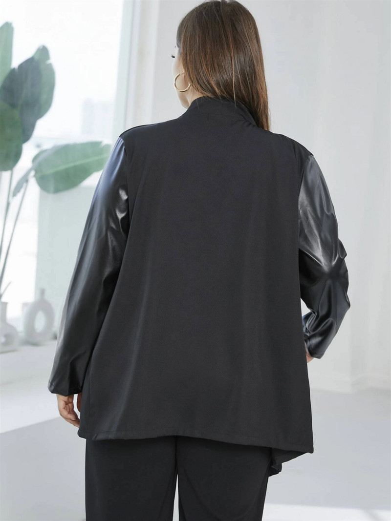 Liela izmēra mētelis ar garām piedurknēm Sieviešu pārklājums priekšā atvērts jaciņš, neregulāra apakšmala PU savārstījums jaka Sieviešu liela izmēra apģērbs 4XL 5XL