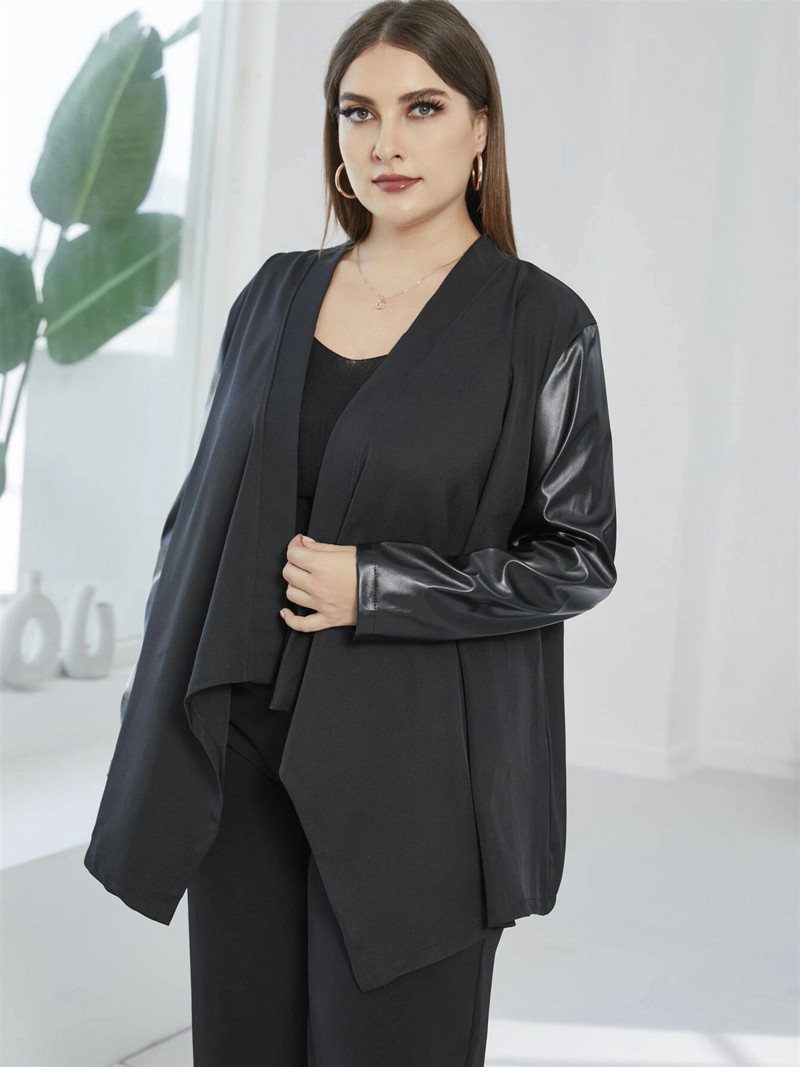 Liela izmēra mētelis ar garām piedurknēm Sieviešu pārklājums priekšā atvērts jaciņš, neregulāra apakšmala PU savārstījums jaka Sieviešu liela izmēra apģērbs 4XL 5XL