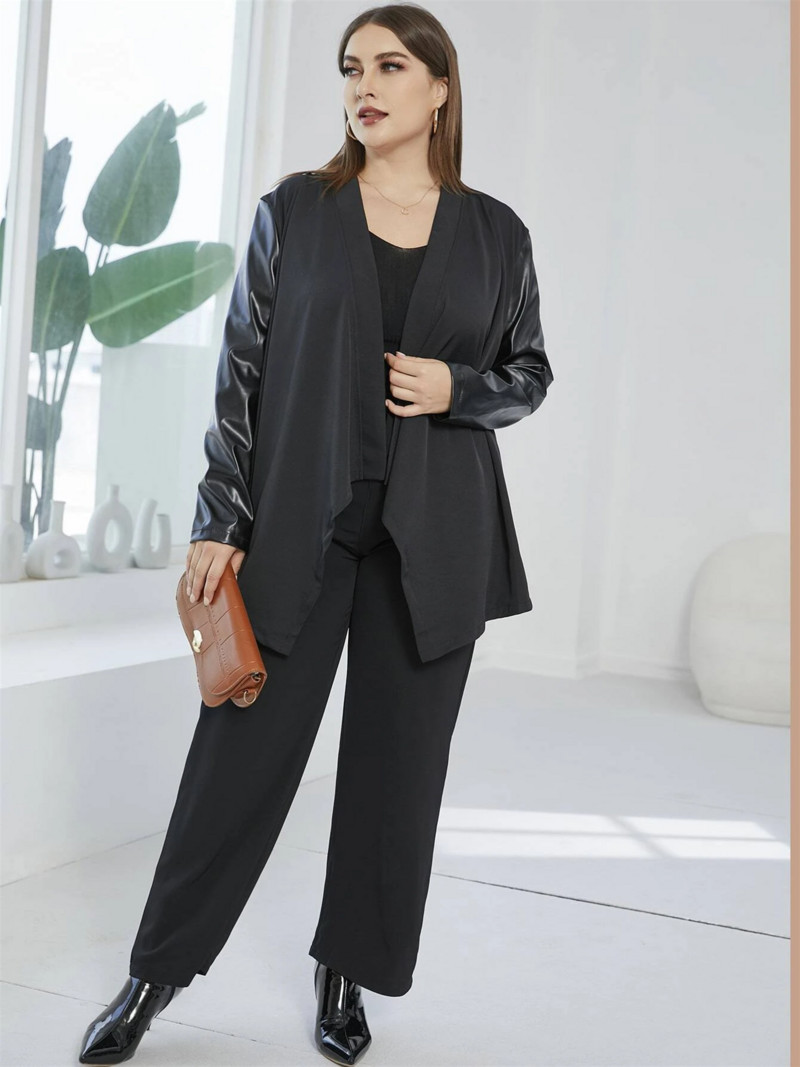 Liela izmēra mētelis ar garām piedurknēm Sieviešu pārklājums priekšā atvērts jaciņš, neregulāra apakšmala PU savārstījums jaka Sieviešu liela izmēra apģērbs 4XL 5XL