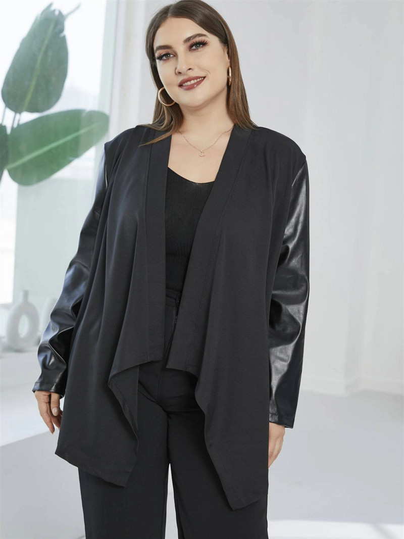 Liela izmēra mētelis ar garām piedurknēm Sieviešu pārklājums priekšā atvērts jaciņš, neregulāra apakšmala PU savārstījums jaka Sieviešu liela izmēra apģērbs 4XL 5XL