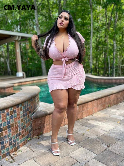 CM.YAYA Plus Size Γυναικεία πουά βολάν Μίνι μίντι φούστα και πουκάμισο που ταιριάζουν με δύο 2 τεμάχια σετ φορέματα καλοκαιρινά 2022