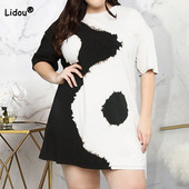 Liela izmēra pavasara vasaras sieviešu apģērbu kaklasaites, krāsotas ar apdruku ar pusi piedurknēm, svārki ar augstu vidukli 2023. gada eleganta kleita līdz ceļgalam ar apaļu kaklu