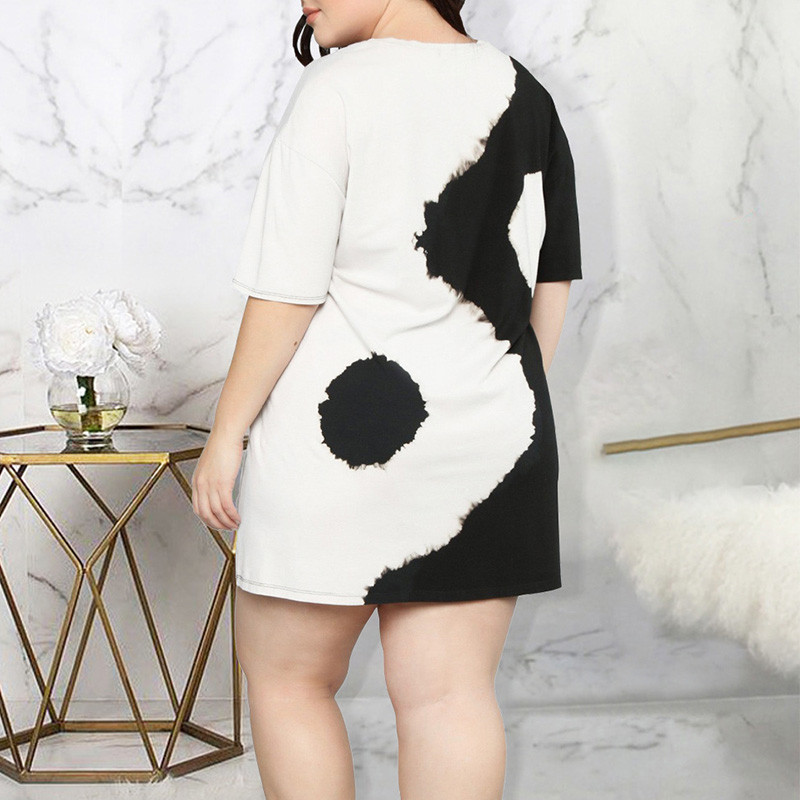 Liela izmēra pavasara vasaras sieviešu apģērbu kaklasaites, krāsotas ar apdruku ar pusi piedurknēm, svārki ar augstu vidukli 2023. gada eleganta kleita līdz ceļgalam ar apaļu kaklu