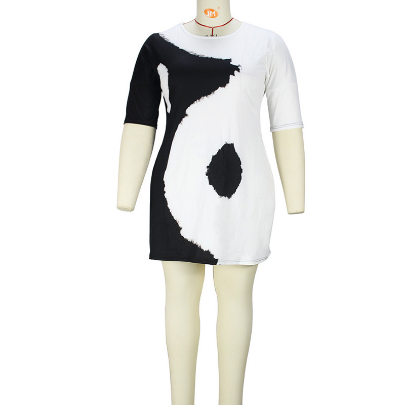 Liela izmēra pavasara vasaras sieviešu apģērbu kaklasaites, krāsotas ar apdruku ar pusi piedurknēm, svārki ar augstu vidukli 2023. gada eleganta kleita līdz ceļgalam ar apaļu kaklu