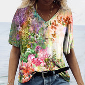 Női virágos póló pólók Nyári felsők Virágos 3d nyomott pólók Női divatos pólók V-nyakú felsők Pólók Y2k Camisetas Femme