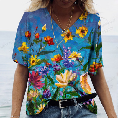 Női virágos póló pólók Nyári felsők Virágos 3d nyomott pólók Női divatos pólók V-nyakú felsők Pólók Y2k Camisetas Femme