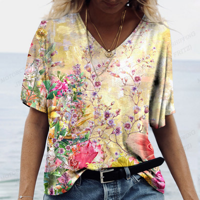 Női virágos póló pólók Nyári felsők Virágos 3d nyomott pólók Női divatos pólók V-nyakú felsők Pólók Y2k Camisetas Femme