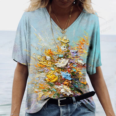 Női virágos póló pólók Nyári felsők Virágos 3d nyomott pólók Női divatos pólók V-nyakú felsők Pólók Y2k Camisetas Femme