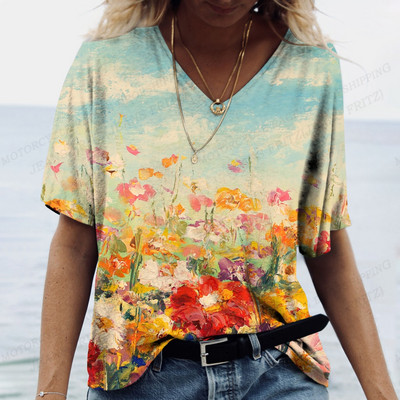 Női virágos póló pólók Nyári felsők Virágos 3d nyomott pólók Női divatos pólók V-nyakú felsők Pólók Y2k Camisetas Femme