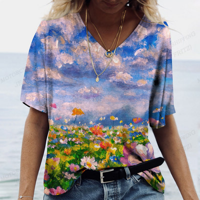 Női virágos póló pólók Nyári felsők Virágos 3d nyomott pólók Női divatos pólók V-nyakú felsők Pólók Y2k Camisetas Femme