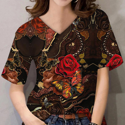 Női virágos póló pólók Nyári felsők Virágos 3d nyomott pólók Női divatos pólók V-nyakú felsők Pólók Y2k Camisetas Femme