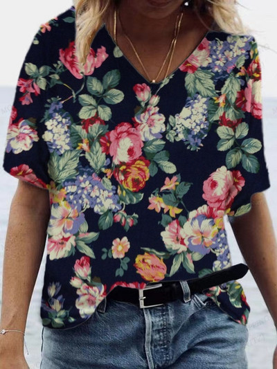 Női virágos póló pólók Nyári felsők Virágos 3d nyomott pólók Női divatos pólók V-nyakú felsők Pólók Y2k Camisetas Femme
