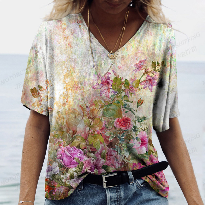 Női virágos póló pólók Nyári felsők Virágos 3d nyomott pólók Női divatos pólók V-nyakú felsők Pólók Y2k Camisetas Femme