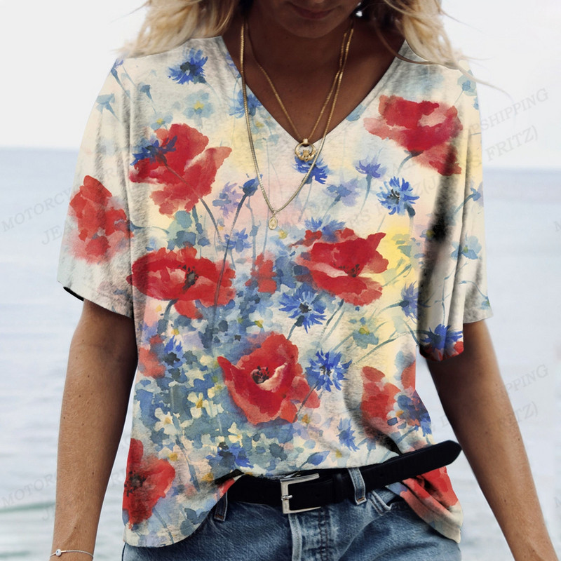 Női virágos póló pólók Nyári felsők Virágos 3d nyomott pólók Női divatos pólók V-nyakú felsők Pólók Y2k Camisetas Femme