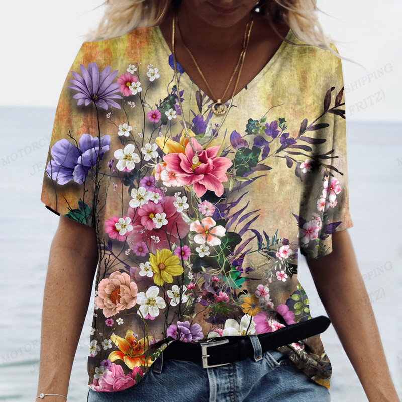 Női virágos póló pólók Nyári felsők Virágos 3d nyomott pólók Női divatos pólók V-nyakú felsők Pólók Y2k Camisetas Femme