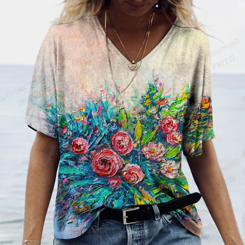 Női virágos póló pólók Nyári felsők Virágos 3d nyomott pólók Női divatos pólók V-nyakú felsők Pólók Y2k Camisetas Femme
