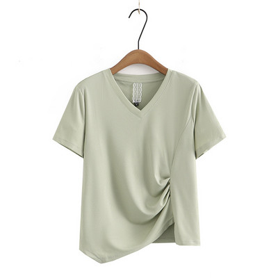 Nagy méretű póló női ruházat aszimmetrikus hosszúságú, összehajtható egyszínű jeges szövetből készült V-nyakú pólók, rövid ujjú, ívelt felsők, 2023. nyár