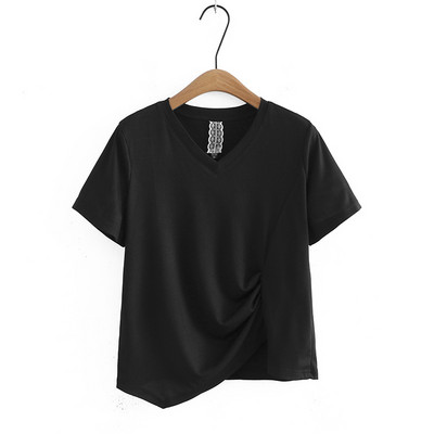 Nagy méretű póló női ruházat aszimmetrikus hosszúságú, összehajtható egyszínű jeges szövetből készült V-nyakú pólók, rövid ujjú, ívelt felsők, 2023. nyár