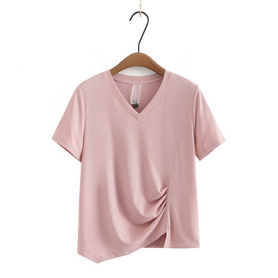 Nagy méretű póló női ruházat aszimmetrikus hosszúságú, összehajtható egyszínű jeges szövetből készült V-nyakú pólók, rövid ujjú, ívelt felsők, 2023. nyár