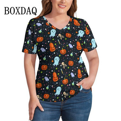 Tricouri înfricoșătoare de Halloween Fantome și dovleci Tricou de bază cu decolteu în V Tricou cu mânecă scurtă Tricouri la modă Plus Size Haine grafică pentru plajă Cadou