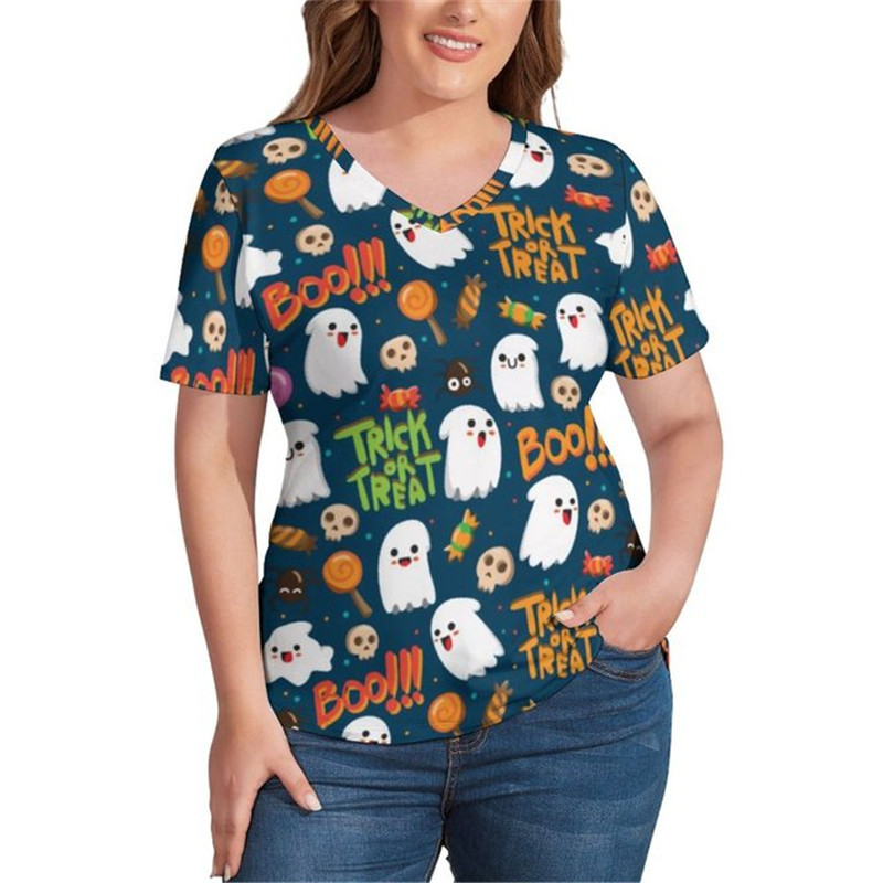 Spooky Helovīna T-krekli Spoki un ķirbji Pamata V kakla izgriezuma T krekls ar īsām piedurknēm Moderns liela izmēra T-krekli Pludmales grafisks apģērbs Dāvana