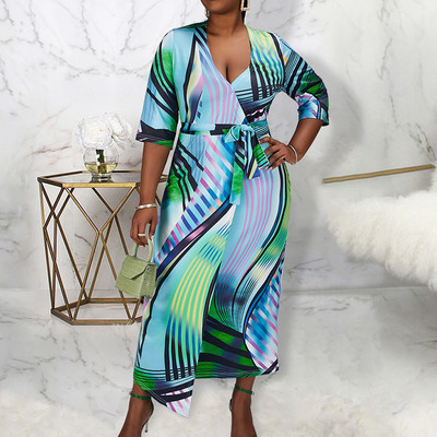 Μεγάλο μέγεθος Γυναικεία Ρούχα Διακοπές Γεωμετρική εκτύπωση Ημιμανίκι Άνοιξη Καλοκαίρι Διανοητικές Πολύχρωμες Γραμμές Επίδεσμος Ακανόνιστο Φόρεμα