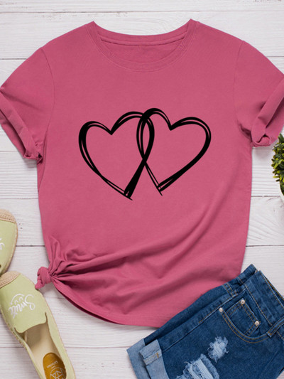 Ar dubultu sirds apdruku sieviešu T krekls ar īsām piedurknēm O kakla brīvs Sieviešu T krekls Sieviešu modes T krekls Tops Apģērbi Camisetas Mujer