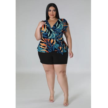 Perl plus size σετ δύο τεμαχίων γυναικείο σετ με εμπριμέ αμάνικο μπλουζάκι + σορτς κοστούμι casual ασορτί