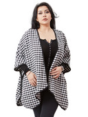 Liela izmēra 3/4 sikspārņu garās piedurknes ziemas ikdienas mētelis sievietēm, vaļīgs, atvērts priekšējais Houndstooth trenčas Liela izmēra vilnas kimono jaka