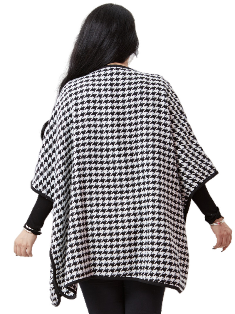 Liela izmēra 3/4 sikspārņu garās piedurknes ziemas ikdienas mētelis sievietēm, vaļīgs, atvērts priekšējais Houndstooth trenčas Liela izmēra vilnas kimono jaka