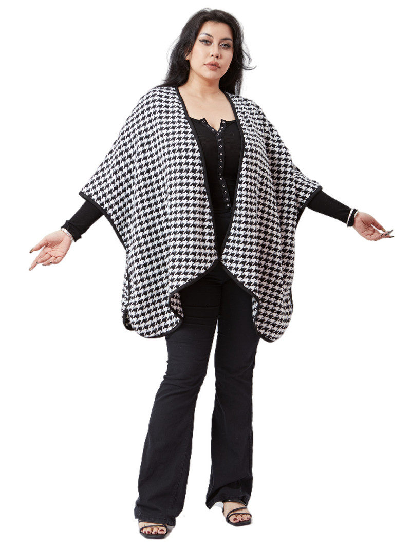 Liela izmēra 3/4 sikspārņu garās piedurknes ziemas ikdienas mētelis sievietēm, vaļīgs, atvērts priekšējais Houndstooth trenčas Liela izmēra vilnas kimono jaka