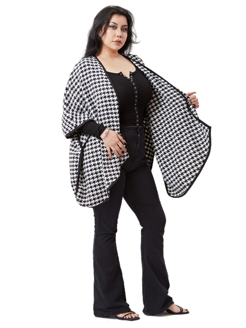 Liela izmēra 3/4 sikspārņu garās piedurknes ziemas ikdienas mētelis sievietēm, vaļīgs, atvērts priekšējais Houndstooth trenčas Liela izmēra vilnas kimono jaka