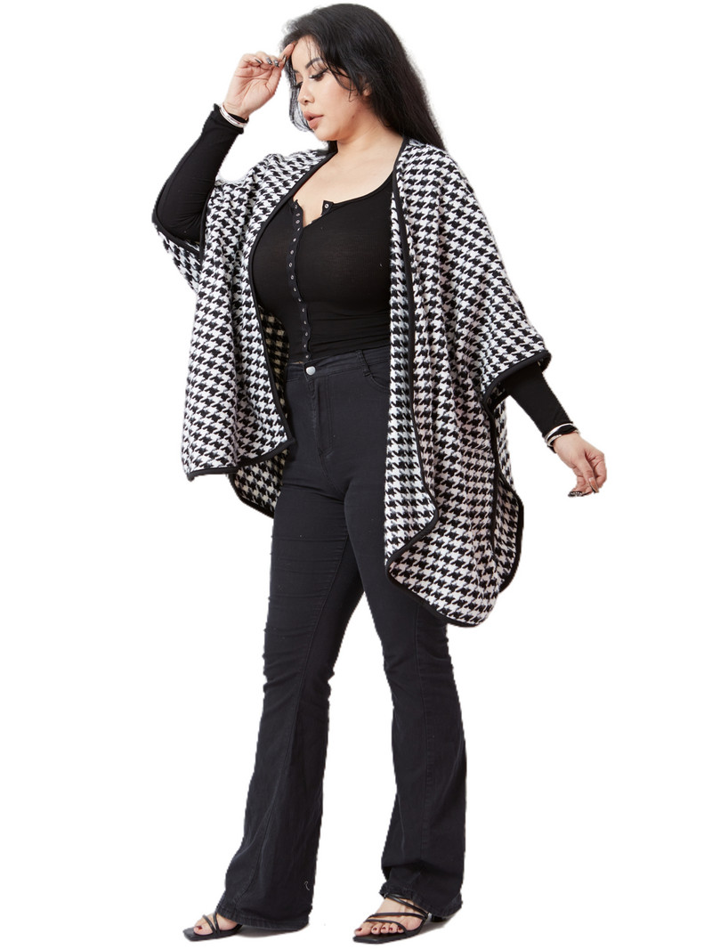 Liela izmēra 3/4 sikspārņu garās piedurknes ziemas ikdienas mētelis sievietēm, vaļīgs, atvērts priekšējais Houndstooth trenčas Liela izmēra vilnas kimono jaka