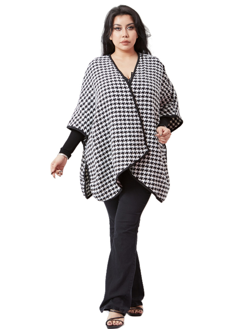 Liela izmēra 3/4 sikspārņu garās piedurknes ziemas ikdienas mētelis sievietēm, vaļīgs, atvērts priekšējais Houndstooth trenčas Liela izmēra vilnas kimono jaka