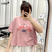 Divatos koreai, betűvel nyomtatott pulóver tunika felső nyári női ruhák nyakba ráncolva, bő, rövid ujjú, nagy méretű póló