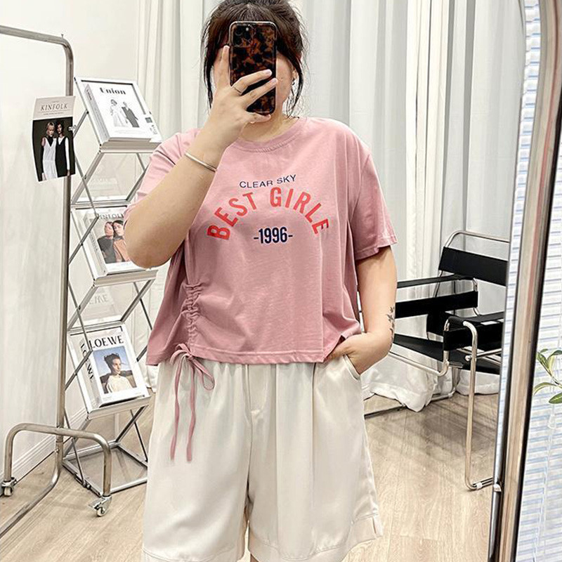 Divatos koreai, betűvel nyomtatott pulóver tunika felső nyári női ruhák nyakba ráncolva, bő, rövid ujjú, nagy méretű póló