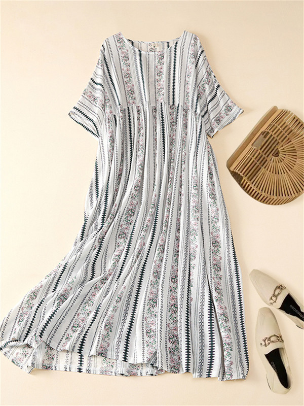 Nagy méretű nyári rakott vintage virágos ruha alkalmi pulóver női női pamut csíkos mintás ruhák női bő hosszú ruha
